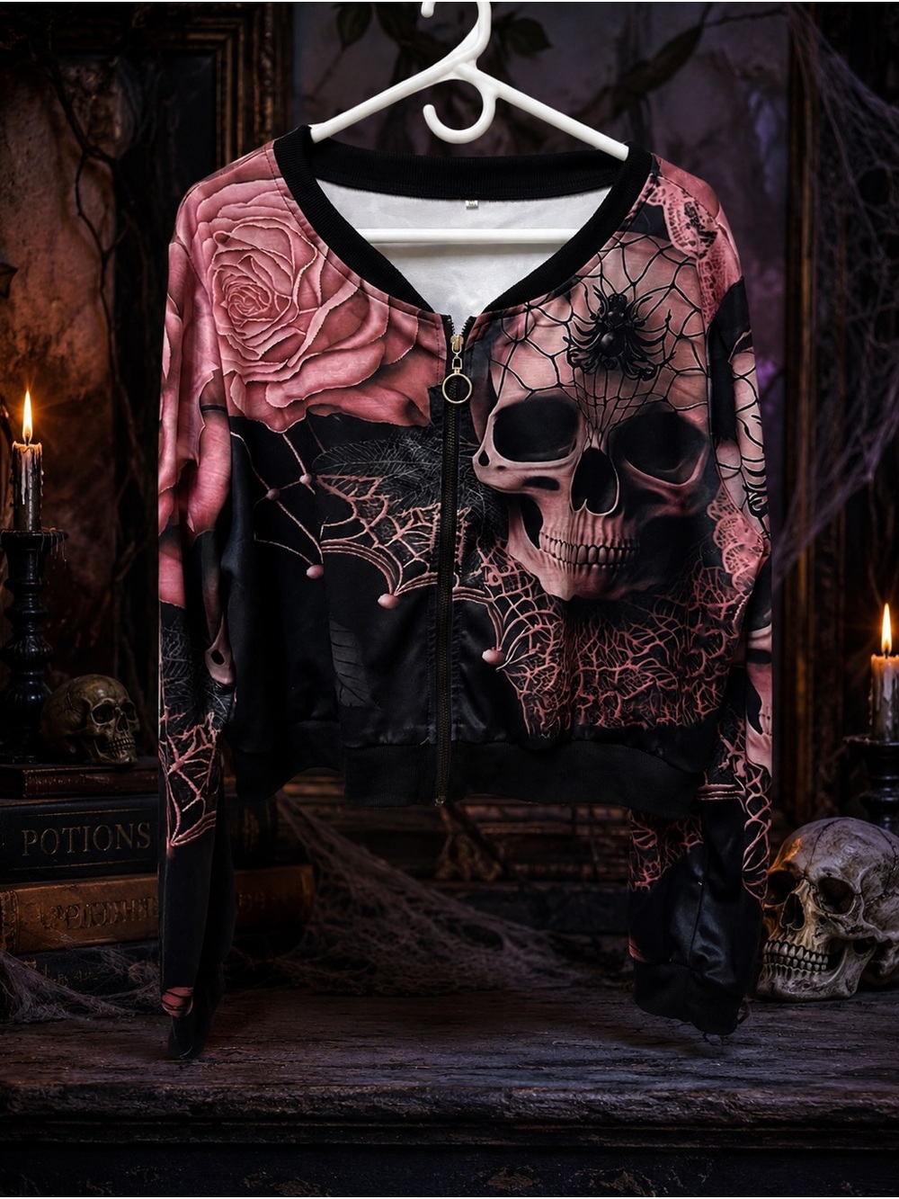 Women's Pink & Black Skull Bomber Jacket XL